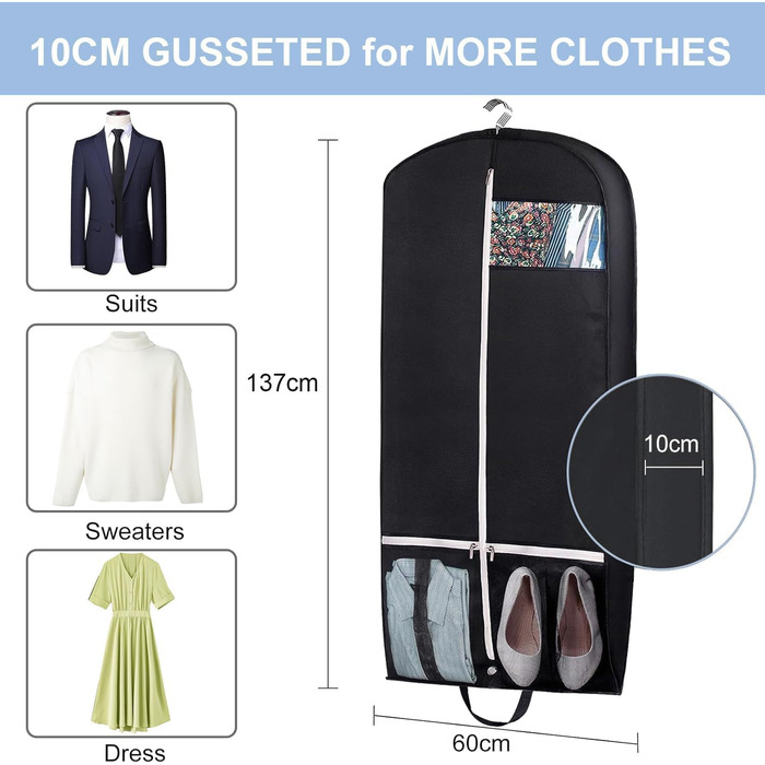 Чохол для одягу дорогий, 137 см, MISSLO - дорожній, з великими кишенями, чорний