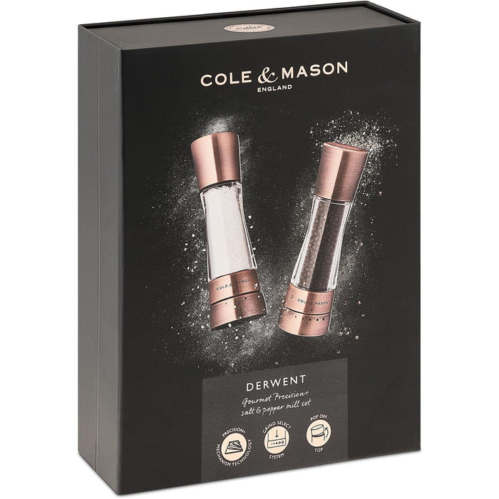 Набір ручних млинів для солі та перцю Cole & Mason Derwent Copper, керамічний механізм, 190 мм, нержавіюча сталь/акрил, подарунковий набір