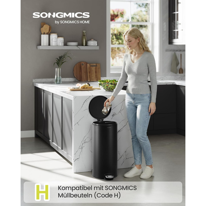 Сміттєвий відер SONGMICS для кухні з кришкою та системою SoftClose, чорний, 30 л