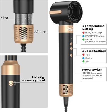 UKLISS Multistyler 7-в-1: фен, плойка, щітка для волосся, 1400W, турбіо, 3 температурні режими, насадки для локонів та випрямлення, чорний/турквіс