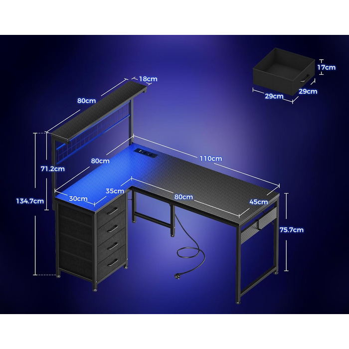 Ігровий стіл Coleshome з LED-підсвічуванням, 130 x 100 см. Реверсивний стіл з шухлядами та розетками, кутовий стіл з полицею та місцем для зберігання. Колір: вуглецеве волокно, чорний