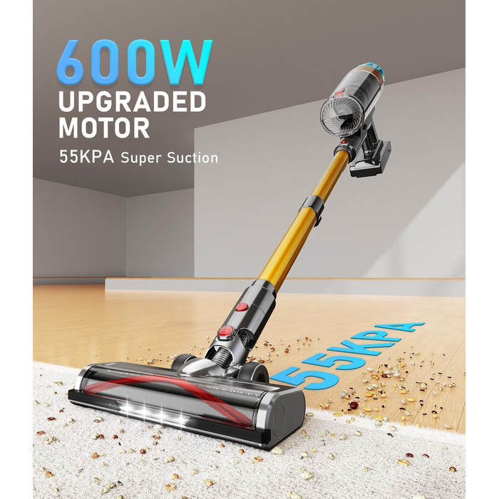 Бездротовий акумуляторний пилосос 55000 Па, 600 Вт, час роботи 55 хв, док-станція, акумуляторний пилосос A34 з дисплеєм, антизаплутувальною насадкою для килима, твердих поверхонь та шерсті тварин