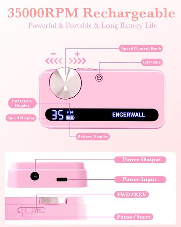 Професійний фрезер для нігтів ENGERWALL 35000 об/хв, електричний, для гелю та акрилу, бездротовий, манікюрний набір з 7 насадками та 56 шліфувальними стрічками, темно-срібний (портативний, акумуляторний, рожевий)