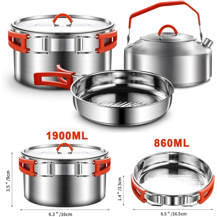 Набір посуду для кемпінгу з нержавіючої сталі 304, посуд для кемпінгу, каструля та сковорода з чайником, тарілками, виделкою, ножем, ложкою для 2-3 особи
