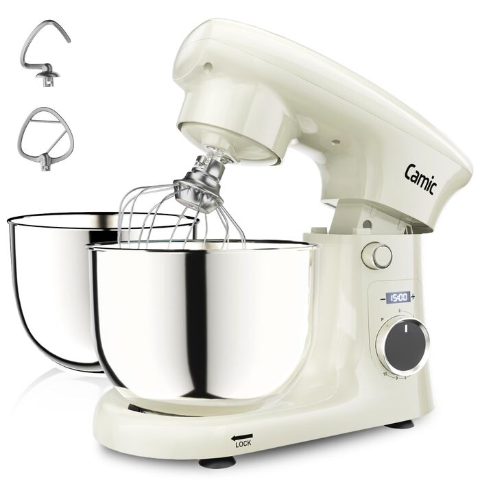 Кухонна машина Camic з 3 насадками (гак, міксер, вінчик), планетарний міксер з LED-дисплеєм, 10 швидкостей, 2 чашами з нержавіючої сталі 4Л та 5Л, для тіста, хліба, піци та тортів (Білий)
