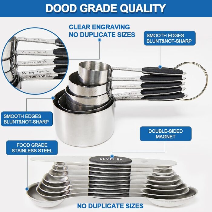 14-Piece Measuring Cup and Magnetic Measuring Spoon Set, Stainless Steel, 5 Measuring Cups with Silicone Handles, 8 Double-Sided Magnetic Measuring Spoons, and 1 Leveler (no duplicate specifications), Black