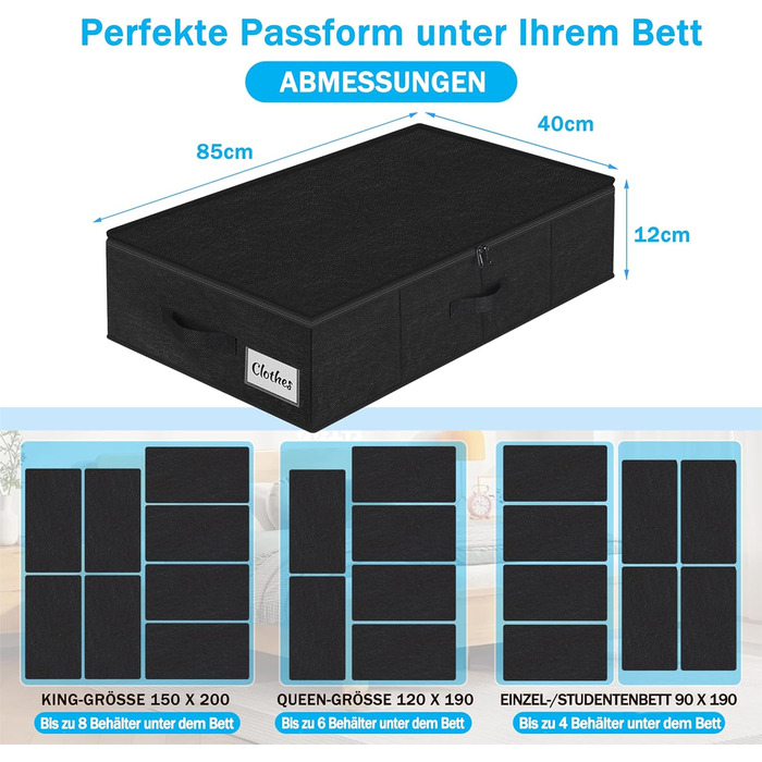 Коробки для зберігання під ліжко з кришкою, 12 см, 2 шт., складні, для одягу та ковдр, чорні