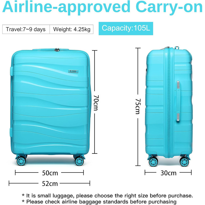 KONO Чемодан середнього розміру 65см з поліпропілену, з TSA замком, 65x46x26.5см (Крем-білий, світло-блакитний)
