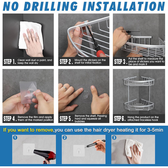 Поличка для душу Gricol Eck-Duschregal без свердління, металева, кутова, з 2 гачками, для ванної кімнати, срібна