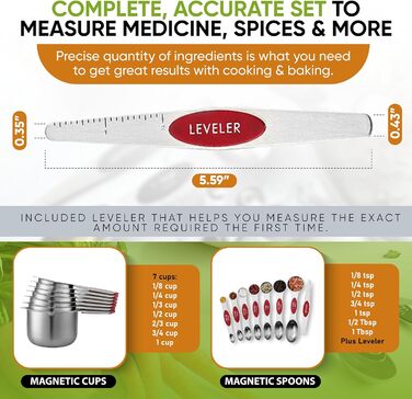 Spring Chef Magnetic Measuring Cup and Spoon Set (Patent Pending), strong N45 magnets, durable stainless steel, fits spice jars for baking & cooking, BPA-free, round, 15-piece set with