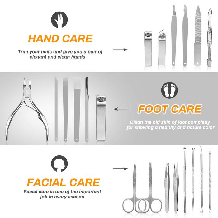 Набір для манікюру та педикюру CestMall 21 шт. з нержавіючої сталі. Професійний набір для манікюру та педикюру з нержавіючої сталі для чоловіків та жінок. Набір інструментів для догляду за нігтями з шкіряним кейсом, чорний