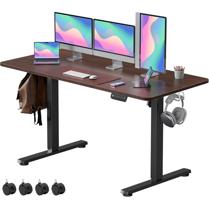 VOSATRON Electric Standing Desk 160x60cm - Height Adjustable Desk with Memory Control & Anti-Collision Technology, Wheels, Joining Board, Black Frame/Black Tabletop