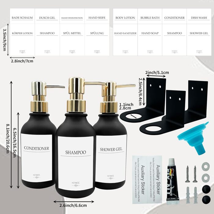 Набір дозаторів для мила та шампуню на стіну, 500 мл, 3 шт., без свердління, янтарний колір (чорна пляшка + золотий насос)