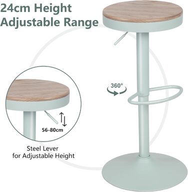 YOUNIKE Adjustable Bar Stools Set of 2 - Wooden Swivel Bar Height Stools with Footrest for Kitchen & Bar - Vintage Green