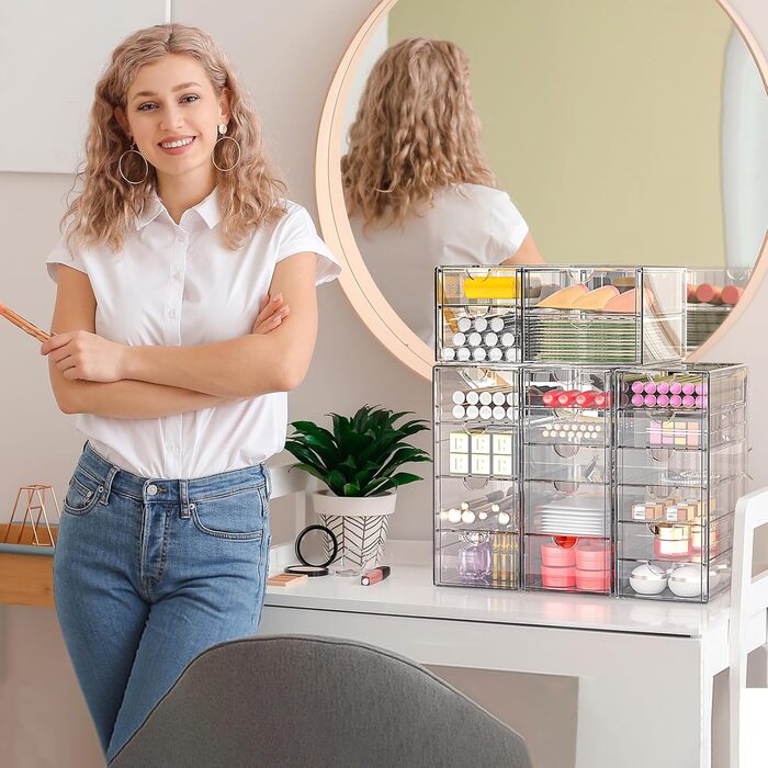 GoMaihe 3-Piece Drawer Boxes Desk: Acrylic Transparent Vanity Organizer | Make up Organizer with 15 Drawers | Desk Organizer for Home Office School