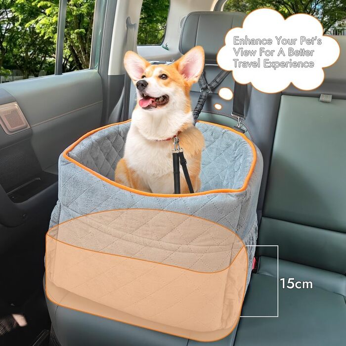 Memory Foam Dog Car Seat for Small Dogs (Under 11kg) - Elevated Design with Storage Pockets (Gray)