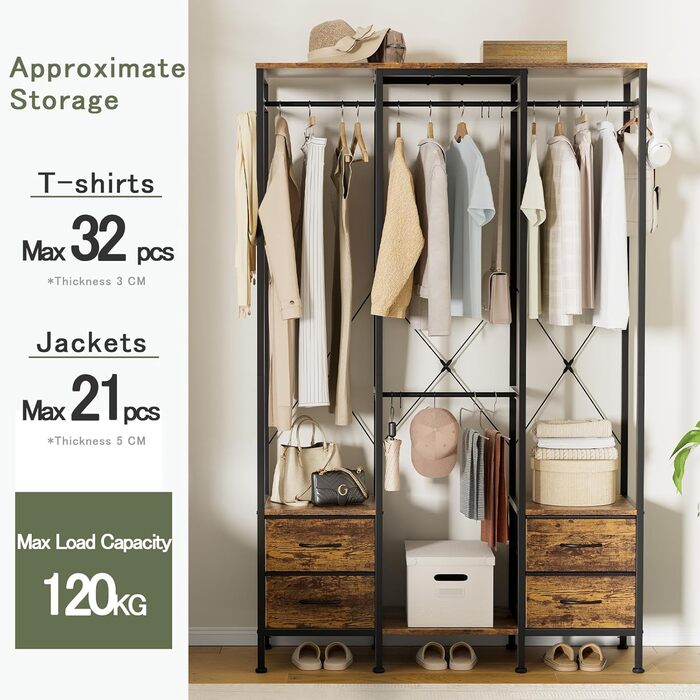 Шафа відкрита, вішалка для одягу, гардеробна стійка з 4 шухлядами, стійка для одягу, для спальні, вітальні, передпокою (rustic brown)
