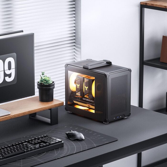 Корпус для ПК Jonsbo C6 MAX чорного кольору – компактний mATX з ручкою, сітчаста передня панель для вентиляції, підтримка відеокарти до 335 мм, кулера ЦП до 170 мм, 5 місць для вентиляторів