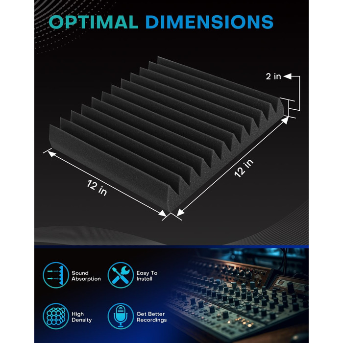 Акустичний поролон Knightsacoustic для звукоізоляції, панелі-поглиначі шуму 30x30x2.5 см, чорний (набір 52 шт) для студії звукозапису