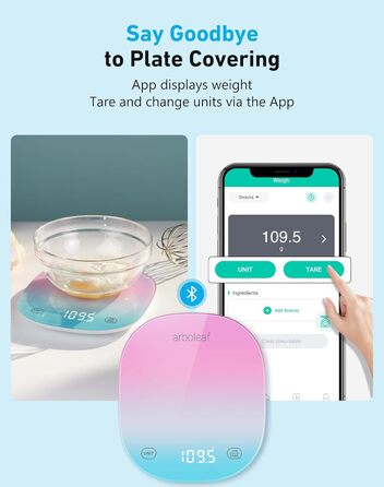 Кухонні ваги Arboleaf Digital з додатком, 10 кг/0.5 г, Bluetooth, підрахунок калорій, USB-зарядка, точна вага з термостійкого скла та функцією тарування (білий, кольоровий)
