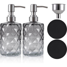 Дозатор мила скляний для ванної кімнати, наповнюваний помповий дозатор для кухні з нержавіючим тримачем, 2 підставки, 330 мл, вінтажний дозатор мила з матовим насосом (сірий)
