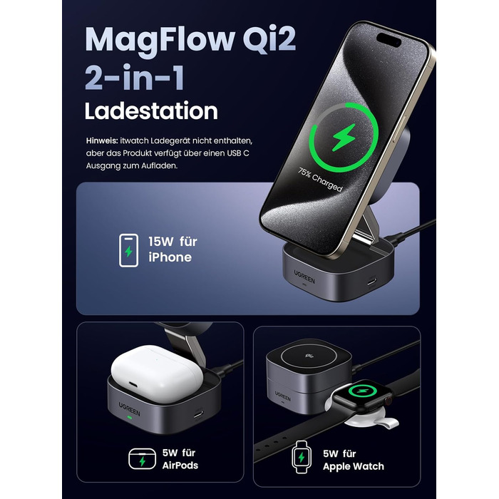 Ugreen MagFlow Qi2 Бездротова зарядка 15W 2-в-1 MagSafe для iPhone 15/16/17, AirPods + Кабель 1м
