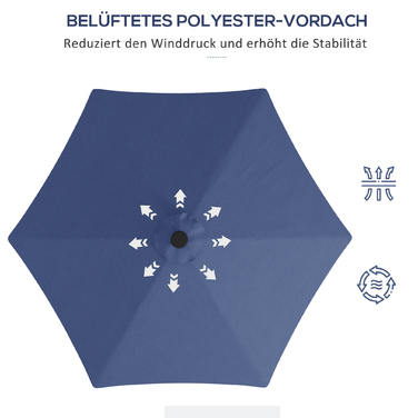 Outsunny Solar Patio Umbrella with LED, Ø290x260 cm, including cross base 55-60kg, UV protection, hand crank & protective cover, polyester, dark blue