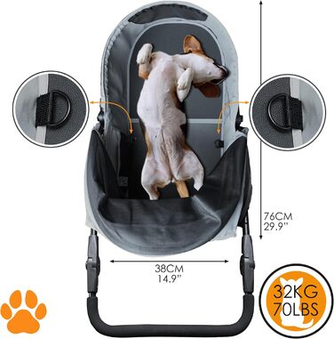 COOPER Складаний переносний візок для собак до 32 кг | Візок для тварин з регульованою висотою та кошиком для покупок | М'які ручки Soft Touch та світловідбиваючий дизайн | Ідеальний для транспортування домашніх тварин – Сірий