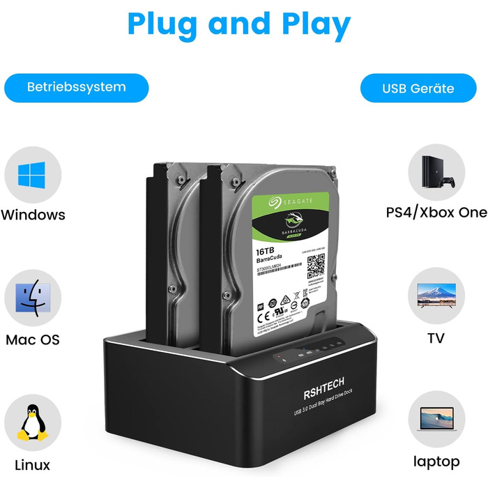 Док-станція для жорстких дисків RSHTECH з двома відсіками, USB 3.0, алюміній, підтримка 2.5/3.5