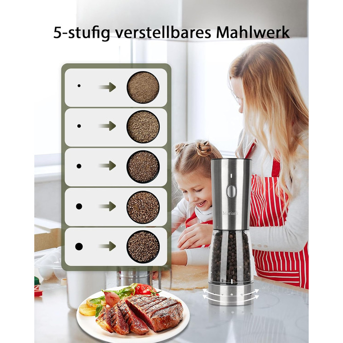 Electric Salt and Pepper Grinder Set of 2, USB Rechargeable Stainless Steel Electric Pepper Grinder with Adjustable Coarseness, Large Capacity, Elegant Storage Base