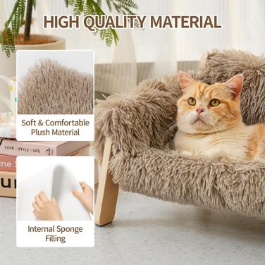 MEWOOFUN Elevated Cat Bed Sofa made of Wood, 56x45cm Sturdy Large Cat Sofa – Fashionable Cat Stool with Removable Mattress Cover. Holds up to 10 kg (Light Brown, 56x45cm)