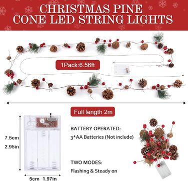 LED гірлянда на ялинку з шишками та червоними ягодами, 2м, 20 LED, тепле біле світло, режим блимання, для прикрашання дому та саду