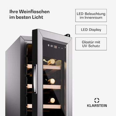 Klarstein Wine Fridge - 16 Bottle Compact Wine Cooler with Glass Door - Stainless Steel - 5-18°C Temperature Control