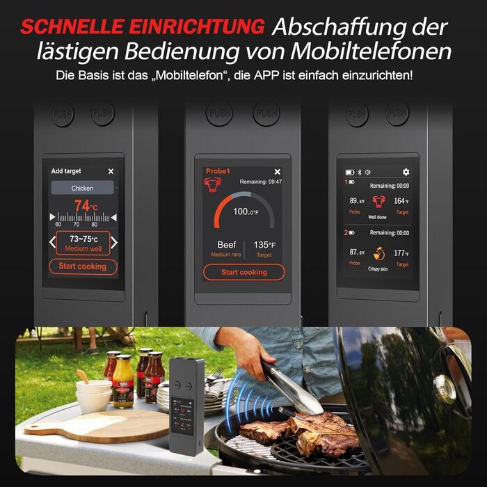 Бездротовий термометр для м'яса з 2 зондами, великий сенсорний екран, IP67 вологостійкий. Підходить для гриля, барбекю, коптильні. Чудовий подарунок на Різдво