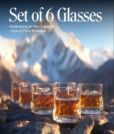 Набір склянок Everest Bourbon, 6 шт. у подарунковій коробці з тканиною, мотив: гори, стійкі до заморожування, 237 мл, вінтажні склянки для віскі, набір 6 шт., подарунок для любителів віскі