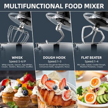 Кухонна машина-міксер з чашею 6.5л з нержавіючої сталі, 2000W, 6 швидкостей, для тіста та міксування, з набором насадок (вічорник, гак для тіста, вінчик) та захистом від бризок, чорна