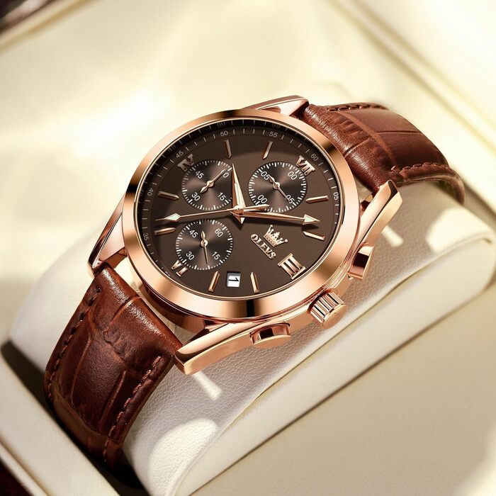 Чоловічий годинник OLEVS Vintage з шкіряним ремінцем, великий циферблат, водонепроникний, аналоговий годинник з датою, коричневий циферблат/коричневий ремінець