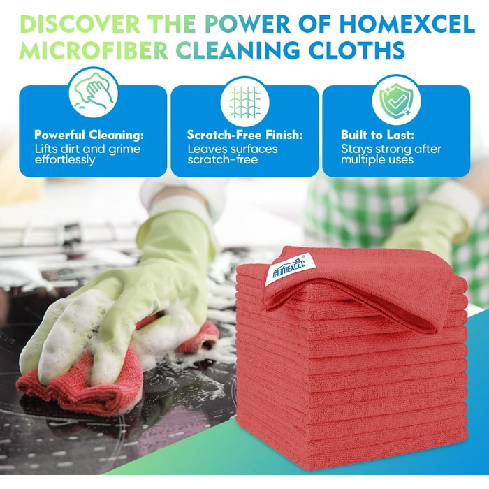 Набір серветок з мікрофібри HOMEXCEL для авто, дому та кухні, багаторазові гігроскопічні ганчірки для прибирання, червоні, 29.2 x 29.2 см, 12 шт.