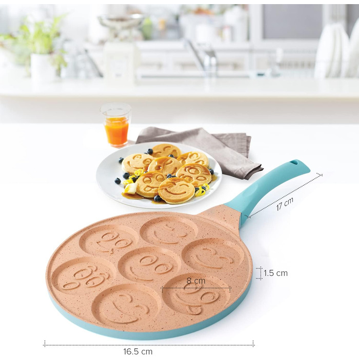 Млинцева пательня Joeji's Kitchen з 7 отворами зі смайликами, 26,5 см, антипригарна, легкий алюмінієвий литий корпус, для індукції, дитяча, універсальна для млинців та яєць, синя