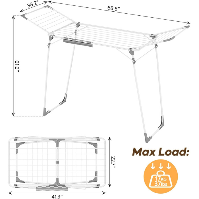Сушарка для білизни KINGBOARD розкладна велика, крилатий сушарка висувна 174x97x156 см, стійка сушарка з антиковзними ніжками для дому та вулиці, біла
