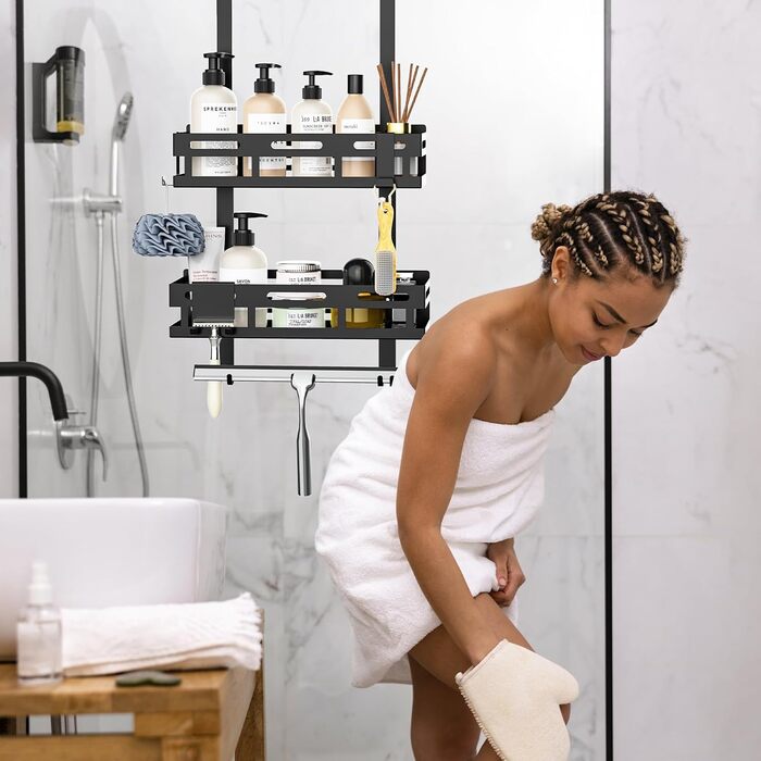 Reading Tour Shower Shelf 0n Drilling Black, Hanging Shower Shelf for Glass Shower Doors, Hanging Shower Shelf with 2 Shower Baskets, 4 Fixed Hooks, 1 Glass Wiper Hook, and 2 Movable Hooks Equipped