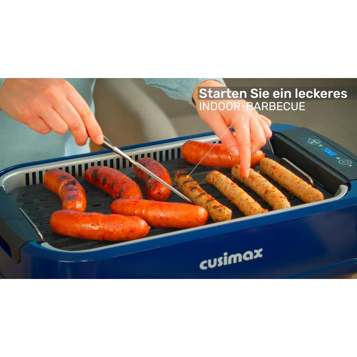 CUSIMAX Steak Grill | 1500W Table Grill Electric | BBQ Grill for Indoor and Outdoor Use | Electric Grill with Lid, Touchscreen Temperature Control, Oil Collection Tray, and Removable Grill Plate Blue