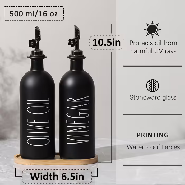 HOMCDALY Olive Oil Dispensers for Kitchen, Glass, Oil and Vinegar Dispenser Set, Olive Oil Bottles with Bamboo Tray, 473 ml, Black, 473 ml, Black