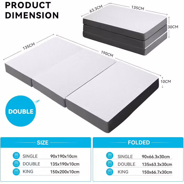 Autsel Folding Mattress 140x200x10cm 3-Piece Folding Mattress Camping Mattress Guest Bed Floor Mattress Guest Mattress Field Bed Folding Bed (135x190x10cm)