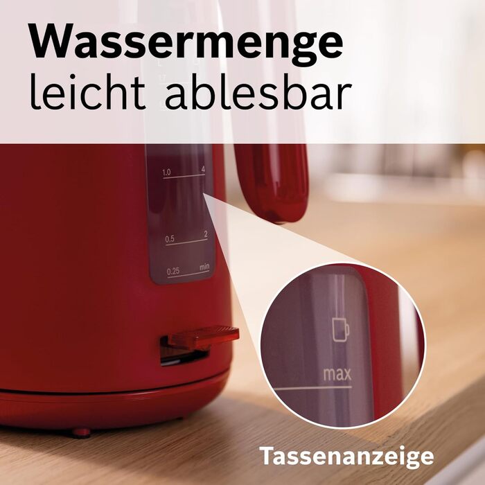 Електричний чайник Bosch MyMoment TWK2M164 з автоматичним відключенням, захистом від перегріву, показом кількості чашок, знімним фільтром від накипу, захистом від сухого кип'яття, функцією зупинки пари, об'єм 1,7 л, потужність 2400 Вт, матовий червоний