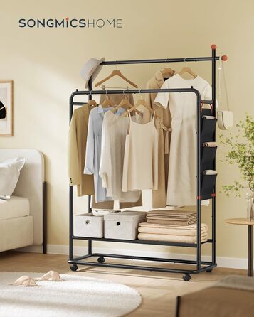 SONGMICS HOME Rolling Garment Rack, Coat Rack, 2 Clothes Rods, Shelf, Side Organizer, Match-Shaped Hooks, Stable, Bedroom, Hallway, Ink Black HSR171B01