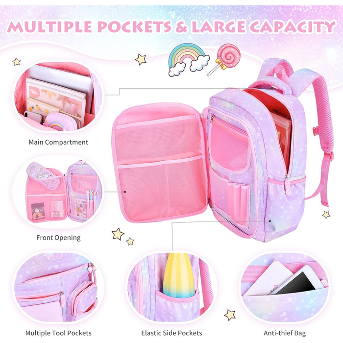 Рюкзак для дівчинки Schulrucksack фіолетовий, 43x35x17 см, велика місткість, з нагрудним ременем, для школи, 5-10 років