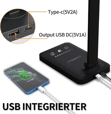 LED лампа настільна LQWELL® з регулюванням яскравості, металева, 5 кольорів, 10 рівнів яскравості, USB-зарядка, сенсорне управління, пам'ять, для дітей, чорна, QM019