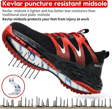 Черевики робочі ISOOUS для чоловіків та жінок, захисні черевики зі сталевим підноском, спортивні, червоні, антиковзаючі, дихаючі, 43 EU