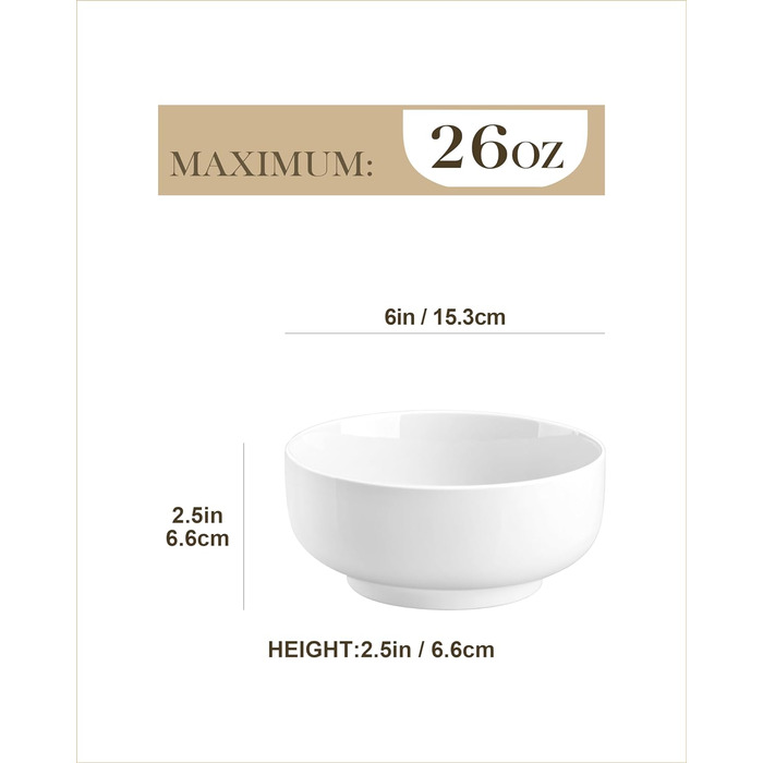 Набір з 4 великих порцелянових мисок MALACASA, 800 мл, для мюслі, супу, рамену, білий